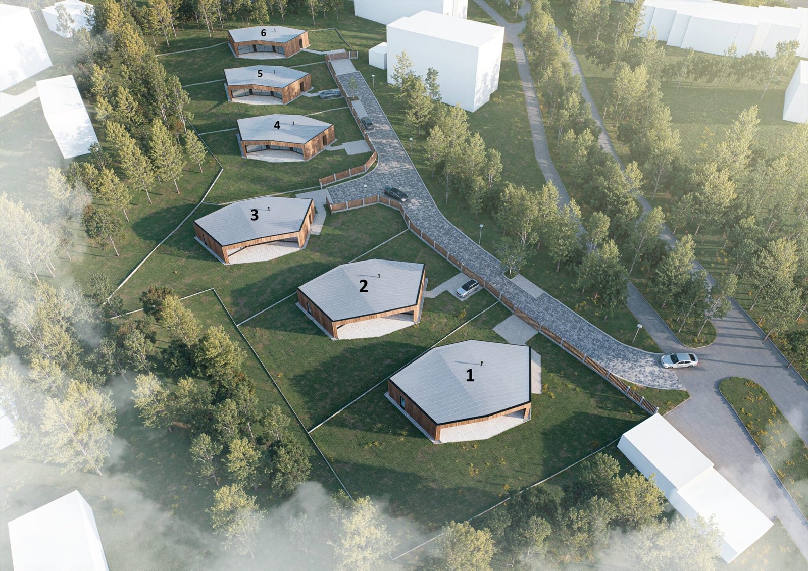 Letecký pohled na projekt Terasy Rokycany se šesti domy